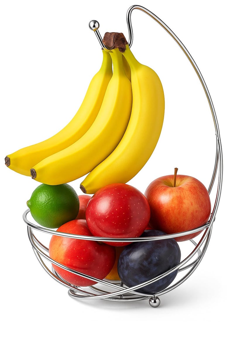 BNYD Chrome Fruit Bowl with Banana Holder â€“ 14" Countertop Wire Basket with Banana Hook, Modern Fruit Basket with Banana Tree Hanger for Kitchen Table or Island Storage - Image 1